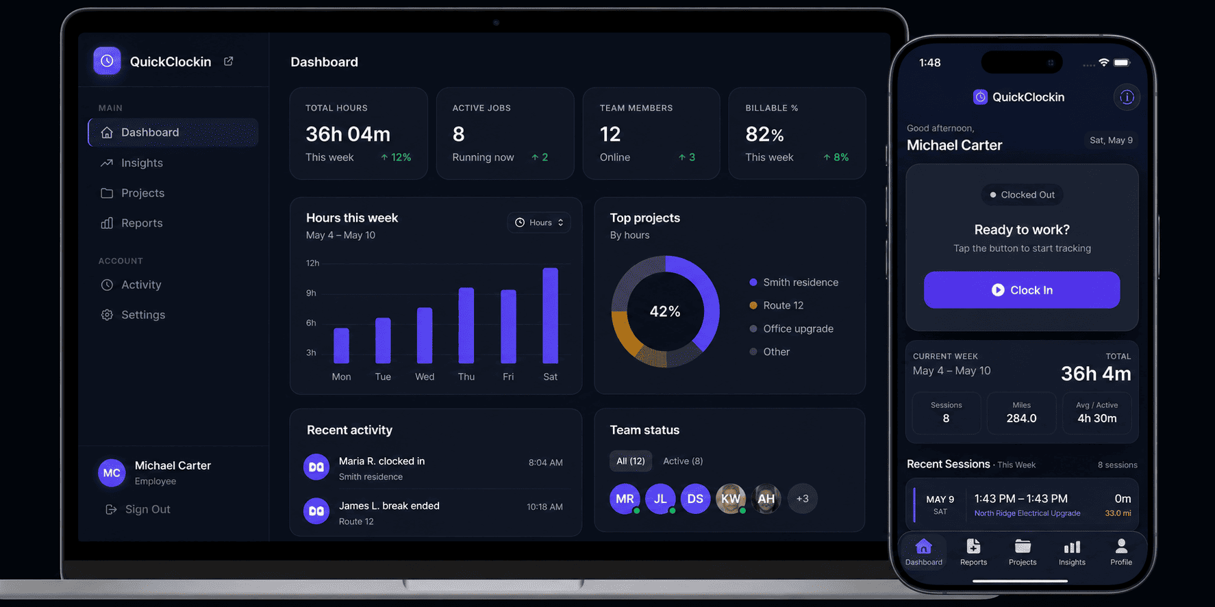 QuickClockin web dashboard and mobile app showing live time tracking, hours by project and weekly totals